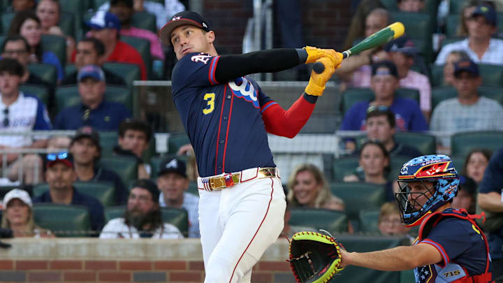 Jul 14, 2025; Atlanta, GA, USA; Athletics designated hitter Brent Rooker (25) bats during the 2025 Home Run Derby at Truist Park. Mandatory Credit: Jordan Godfree-Imagn Images Jul 14, 2025; Atlanta, GA, USA; Athletics designated hitter Brent Rooker (25) bats during the 2025 Home Run Derby at Truist Park. Mandatory Credit: Jordan Godfree-Imagn Images