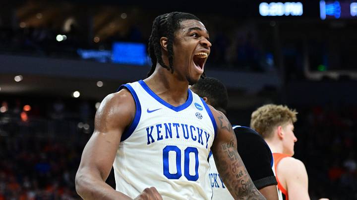 Mar 23, 2025; Milwaukee, WI, USA;  Kentucky Wildcats guard Otega Oweh (00) reacts during the second half in the second round of the NCAA Tournament against the Illinois Fighting Illini at Fiserv Forum. Mandatory Credit: Benny Sieu-Imagn Images