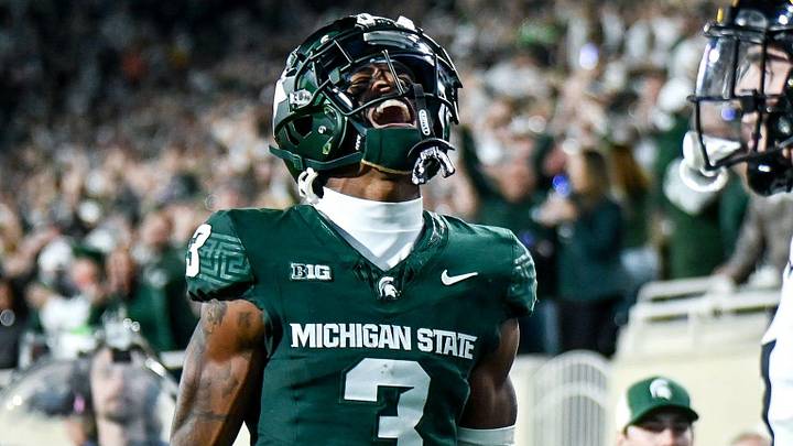 Michigan State's Montorie Foster Jr., left, celebrates his touchdown catch against Iowa during the third quarter on Saturday, Oct. 19, 2024, at Spartan Stadium in East Lansing. Michigan State's Montorie Foster Jr., left, celebrates his touchdown catch against Iowa during the third quarter on Saturday, Oct. 19, 2024, at Spartan Stadium in East Lansing.