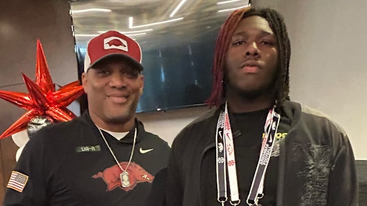 Arkansas Razorbacks defensive line coach Deke Adams poses with 2026 Union Parish defensive lineman Ari Slocum during his visit in Fayetteville, Arkansas Nov. 23, 2024. Arkansas Razorbacks defensive line coach Deke Adams poses with 2026 Union Parish defensive lineman Ari Slocum during his visit in Fayetteville, Arkansas Nov. 23, 2024.