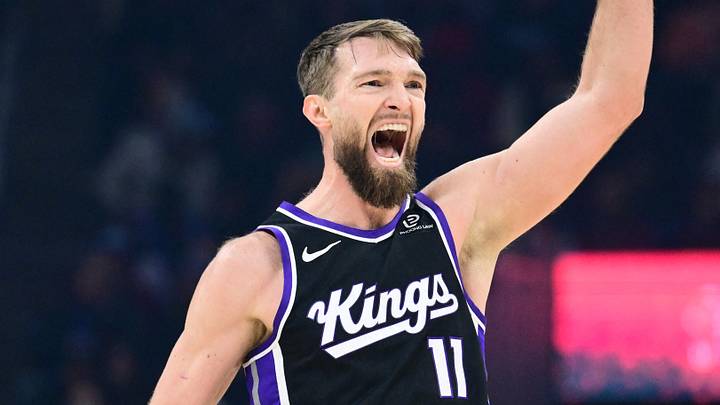 Jan 23, 2026; Cleveland, Ohio, USA; Sacramento Kings forward Domantas Sabonis (11) celebrates after hitting a three point basket against the Cleveland Cavaliers during the first half at Rocket Arena. Mandatory Credit: Ken Blaze-Imagn Images