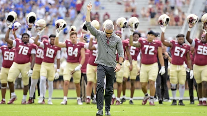 Sep 14, 2024; Tallahassee, Florida, USA; Florida State Seminoles head coach Mike Norvell leads his team before a game against the Memphis Tigers at Doak S. Campbell Stadium. Mandatory Credit: Melina Myers-Imagn Images Sep 14, 2024; Tallahassee, Florida, USA; Florida State Seminoles head coach Mike Norvell leads his team before a game against the Memphis Tigers at Doak S. Campbell Stadium. Mandatory Credit: Melina Myers-Imagn Images