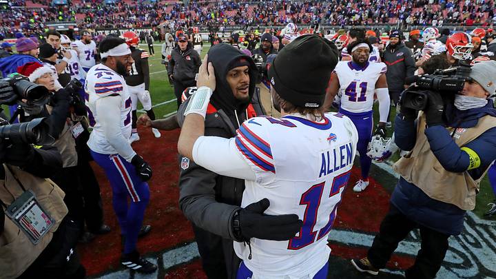 Cleveland Browns' quarterback Deshaun Watson embraces Buffalo Bills' quarterback Josh Allen (17) after an NFL football game at Huntington Bank Field on Dec. 21, 2025, in Cleveland, Ohio. Cleveland Browns' quarterback Deshaun Watson embraces Buffalo Bills' quarterback Josh Allen (17) after an NFL football game at Huntington Bank Field on Dec. 21, 2025, in Cleveland, Ohio.