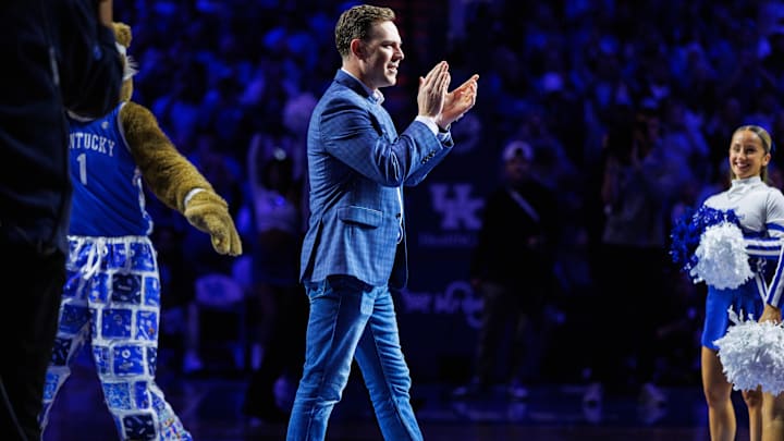 Dec 2, 2025; Lexington, Kentucky, USA; Incoming Kentucky Wildcats head football coach Will Stein is introduced during the first half against the North Carolina Tar Heels at Rupp Arena at Central Bank Center. Mandatory Credit: Jordan Prather-Imagn Images