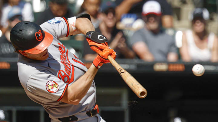 Sep 17, 2025; Chicago, Illinois, USA; Baltimore Orioles first baseman Coby Mayo (16) singles against the Chicago White Sox during the fourth inning at Rate Field. Mandatory Credit: Kamil Krzaczynski-Imagn Images