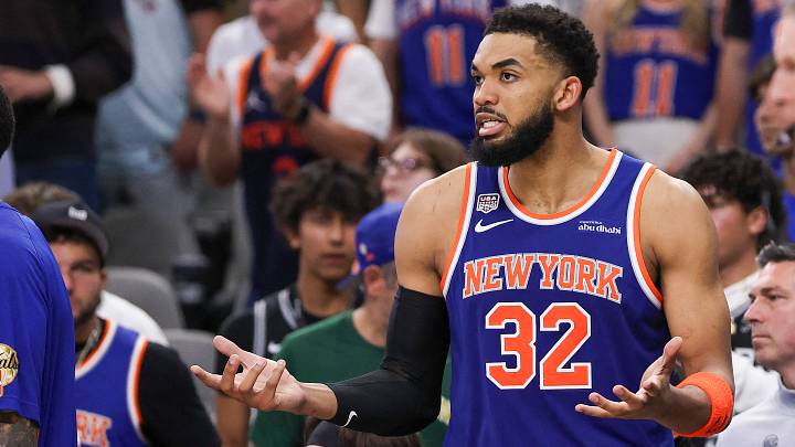 Jun 13, 2026; San Antonio, Texas, USA; New York Knicks center Karl-Anthony Towns (32) reacts to a call during the third quarter during game five of the 2026 NBA Finals at Frost Bank Center. Mandatory Credit: Geoff Burke-Imagn Images Jun 13, 2026; San Antonio, Texas, USA; New York Knicks center Karl-Anthony Towns (32) reacts to a call during the third quarter during game five of the 2026 NBA Finals at Frost Bank Center. Mandatory Credit: Geoff Burke-Imagn Images