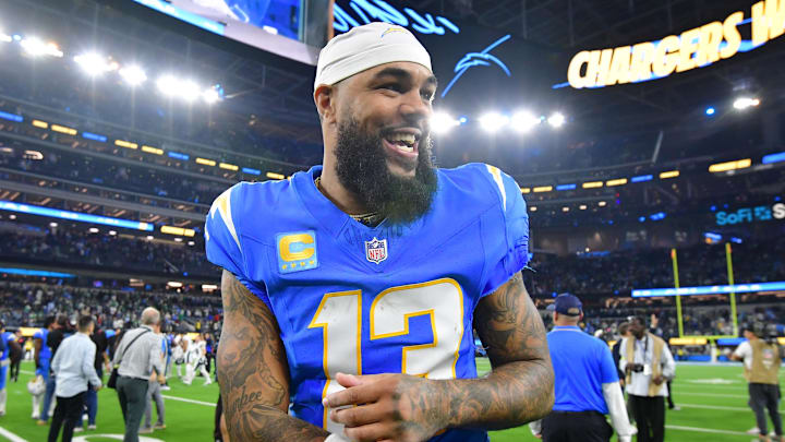 Dec 8, 2025; Inglewood, California, USA; Los Angeles Chargers wide receiver Keenan Allen (13) celebrates after defeating the Philadelphia Eagles at SoFi Stadium. Mandatory Credit: Gary A. Vasquez-Imagn Images