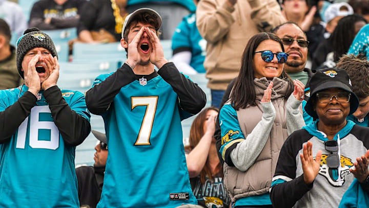 Jaguar fan celebrate during the fourth quarter in an NFL football matchup at EverBank Stadium, Sunday, Jan. 4, 2026, in Jacksonville, Fla. The Jaguars defeated the Titans 41-7 [Doug Engle/Florida Times-Union]