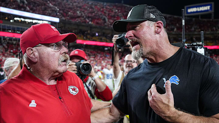 Detroit Lions head coach Dan Campbell, right, talks to Kansas City Chiefs head coach Andy Reid after 30-13 loss at Arrowhead Stadium in Kansas City, Missouri on Sunday, Oct. 12, 2025.