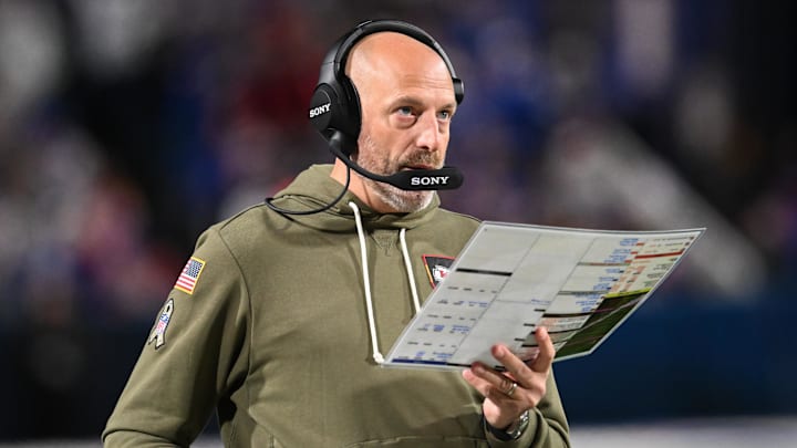 Nov 2, 2025; Orchard Park, New York, USA; Kansas City Chiefs offensive coordinator Matt Nagy looks on during the third quarter against the Buffalo Bills at Highmark Stadium. Mandatory Credit: Mark Konezny-Imagn Images