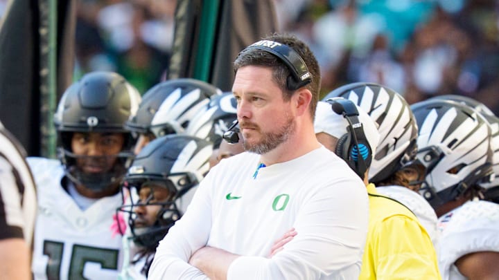 Oregon head coach Dan Lanning watches from the sideline as the Oregon Ducks take on the Texas Tech Red Raiders in the Orange Bowl on Jan. 1, 2026, at Hard Rock Stadium in Miami, Florida.