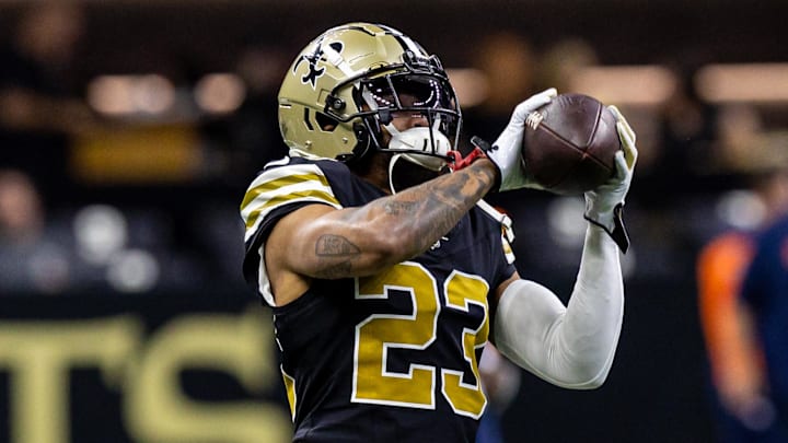 Oct 17, 2024; New Orleans, Louisiana, USA; New Orleans Saints cornerback Marshon Lattimore (23) during the warmups before the game against the Denver Broncos at Caesars Superdome. Mandatory Credit: Stephen Lew-Imagn Images Oct 17, 2024; New Orleans, Louisiana, USA; New Orleans Saints cornerback Marshon Lattimore (23) during the warmups before the game against the Denver Broncos at Caesars Superdome. Mandatory Credit: Stephen Lew-Imagn Images