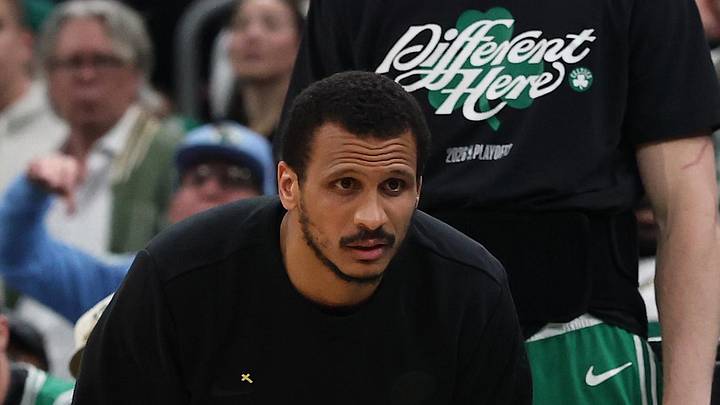 May 2, 2026; Boston, Massachusetts, USA; Boston Celtics head coach Joe Mazzulla and guard Baylor Scheierman (55) look on during their loss to the Philadelphia 76ers in game seven of the first round of the 2026 NBA Playoffs at TD Garden. Mandatory Credit: Winslow Townson-Imagn Images