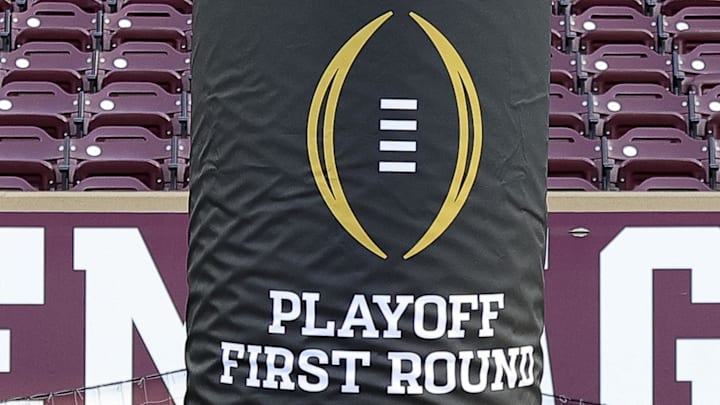 Dec 20, 2025; College Station, TX, USA; A detail view of College Football Playoffs logo on a goal post at Kyle Field prior to the game between the Miami Hurricanes and the Texas A&M Aggies. Mandatory Credit: Maria Lysaker-Imagn Images