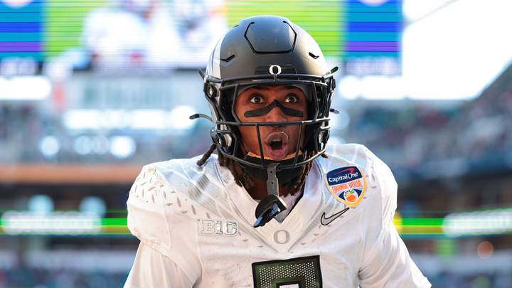 Jan 1, 2026; Miami Gardens, FL, USA; Oregon Ducks tight end Jamari Johnson celebrates an Oregon touchdown against the Texas Tech Red Raiders during the 2025 Orange Bowl and quarterfinal game of the College Football Playoff at Hard Rock Stadium. Jan 1, 2026; Miami Gardens, FL, USA; Oregon Ducks tight end Jamari Johnson celebrates an Oregon touchdown against the Texas Tech Red Raiders during the 2025 Orange Bowl and quarterfinal game of the College Football Playoff at Hard Rock Stadium.