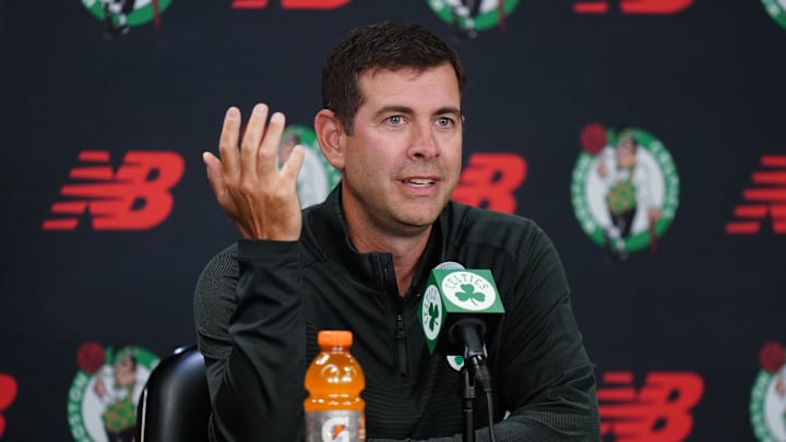 Sep 29, 2025; Boston, MA, USA; Boston Celtics president of basketball operations Brad Stevens talks to reporters during media day at the Auerbach Center. Mandatory Credit: David Butler II-Imagn Images