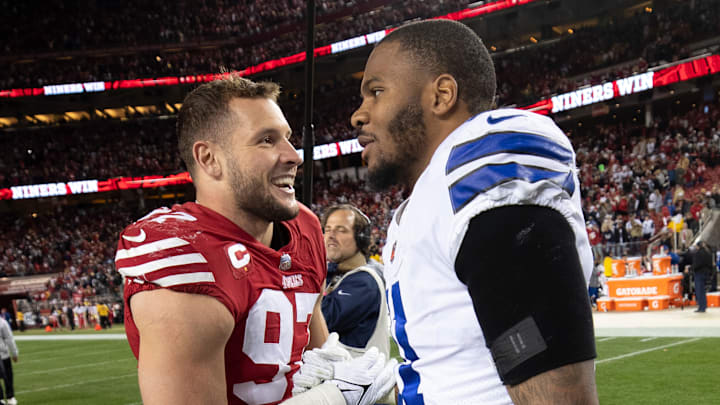 Dallas Cowboys linebacker Micah Parsons (R) and San Francisco 49ers defensive end Nick Bosa (L)