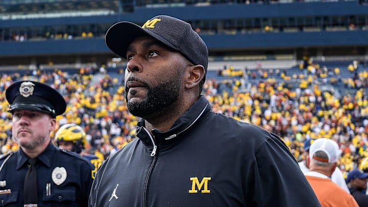 Michigan head coach Sherrone Moore walks off the field after the 31-12 loss to Texas at Michigan Stadium in Ann Arbor on Saturday, Sept. 7, 2024.