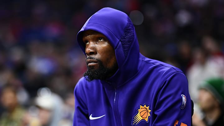 Nov 4, 2023; Philadelphia, Pennsylvania, USA; Phoenix Suns forward Kevin Durant (35) warms up before the game against the Philadelphia 76ers at Wells Fargo Center. Mandatory Credit: Kyle Ross-Imagn Images