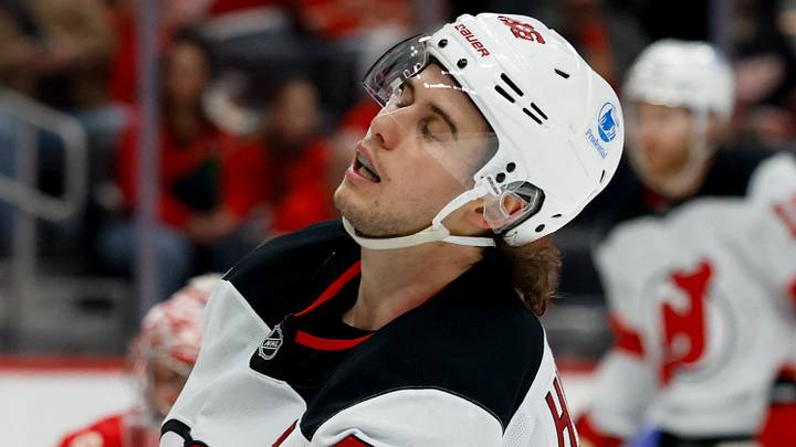 Apr 11, 2026; Detroit, Michigan, USA; New Jersey Devils center Jack Hughes (86) reacts during the third period against the Detroit Red Wings at Little Caesars Arena. Mandatory Credit: Rick Osentoski-Imagn Images Apr 11, 2026; Detroit, Michigan, USA; New Jersey Devils center Jack Hughes (86) reacts during the third period against the Detroit Red Wings at Little Caesars Arena. Mandatory Credit: Rick Osentoski-Imagn Images