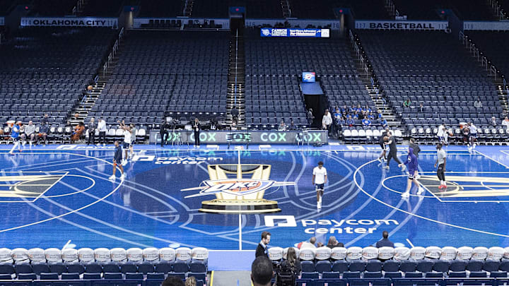 Nov 15, 2024; Oklahoma City, Oklahoma, USA; An overall view of the Oklahoma City Thunder's NBA Cup Court before the game against the Phoenix Suns at Paycom Center. Mandatory Credit: Alonzo Adams-Imagn Images