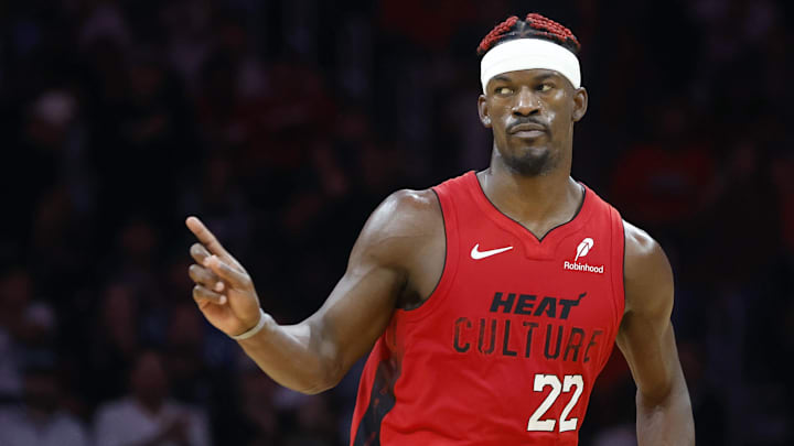 Nov 24, 2024; Miami, Florida, USA; Miami Heat forward Jimmy Butler (22) reacts against the Dallas Mavericks during the second half at Kaseya Center. Mandatory Credit: Rhona Wise-Imagn Images Nov 24, 2024; Miami, Florida, USA; Miami Heat forward Jimmy Butler (22) reacts against the Dallas Mavericks during the second half at Kaseya Center. Mandatory Credit: Rhona Wise-Imagn Images