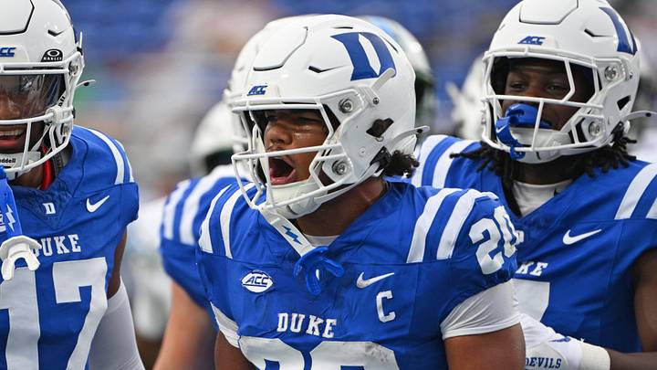 Sep 5, 2026; Durham, North Carolina, USA; Duke Blue Devils running back Nate Sheppard (20) and Duke Blue Devils wide receiver Jared Richardson (17) celebrate Duke Blue Devils running back Nate Sheppard's (20) touchdown against the Tulane Green Wave during the first quarter at Wallace Wade Stadium. Mandatory Credit: Zachary Taft-Imagn Images Sep 5, 2026; Durham, North Carolina, USA; Duke Blue Devils running back Nate Sheppard (20) and Duke Blue Devils wide receiver Jared Richardson (17) celebrate Duke Blue Devils running back Nate Sheppard's (20) touchdown against the Tulane Green Wave during the first quarter at Wallace Wade Stadium. Mandatory Credit: Zachary Taft-Imagn Images