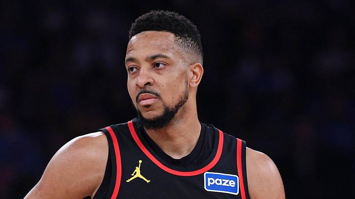 Atlanta Hawks guard CJ McCollum (3) looks at the basket during the first half of the 2026 NBA Playoffs against the New York Knicks at Madison Square Garden on April 18, 2026.