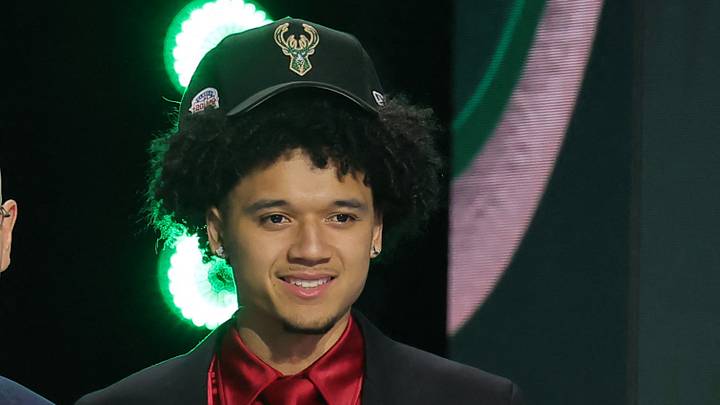 NBA commissioner Adam Silver greets the tenth pick in the 2026 NBA draft, Arizona guard Brayden Burries after he was selected by the Milwaukee Bucks at Barclays Center on Jun 23, 2026.