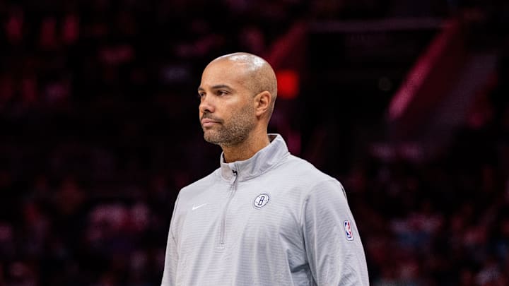 Mar 8, 2025; Charlotte, North Carolina, USA; Brooklyn Nets head coach Jordi Fernandez looks on during the third quarter against the Charlotte Hornets at Spectrum Center. Mandatory Credit: Scott Kinser-Imagn Images