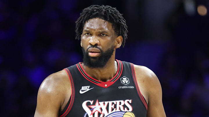 Jan 31, 2026; Philadelphia, Pennsylvania, USA; Philadelphia 76ers center Joel Embiid (21) looks on against the New Orleans Pelicans during the second quarter at Xfinity Mobile Arena. Mandatory Credit: Bill Streicher-Imagn Images Jan 31, 2026; Philadelphia, Pennsylvania, USA; Philadelphia 76ers center Joel Embiid (21) looks on against the New Orleans Pelicans during the second quarter at Xfinity Mobile Arena. Mandatory Credit: Bill Streicher-Imagn Images