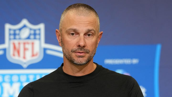 Feb 24, 2026; Indianapolis, IN, USA; Las Vegas Raiders general manager John Spytek speaks at the NFL Scouting Combine at the Indiana Convention Center. Mandatory Credit: Kirby Lee-Imagn Images