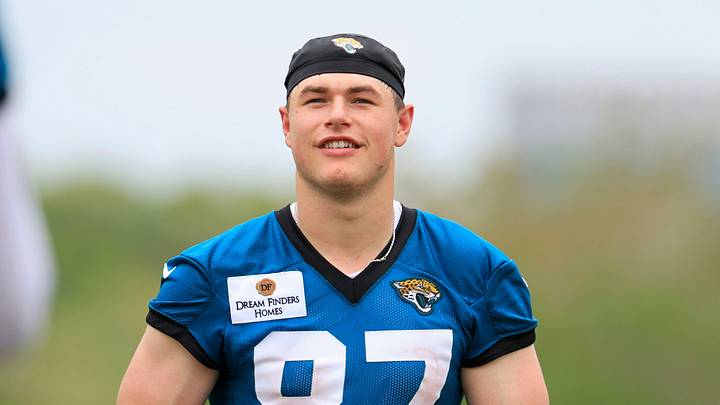 Jacksonville Jaguars tight end Nate Boerkircher (87) smiles during rookie minicamp at the Miller Electric Center, Saturday, May 9, 2026 in Jacksonville, Fla. Today was the second of a three day camp concluding Sunday. Jacksonville Jaguars tight end Nate Boerkircher (87) smiles during rookie minicamp at the Miller Electric Center, Saturday, May 9, 2026 in Jacksonville, Fla. Today was the second of a three day camp concluding Sunday.