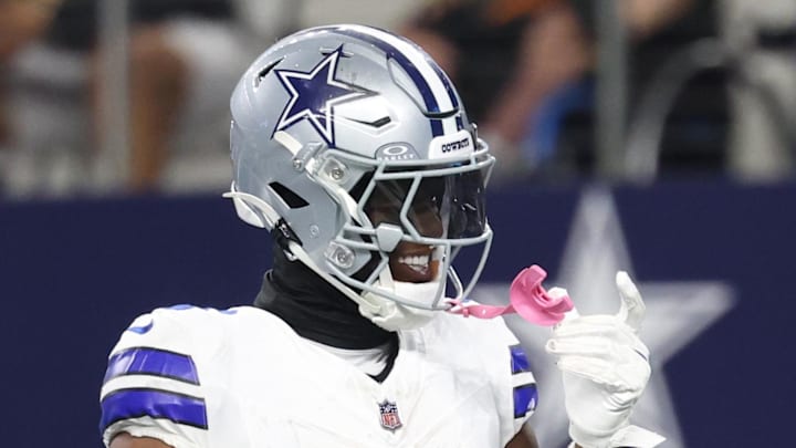 Sep 28, 2025; Arlington, Texas, USA; Dallas Cowboys wide receiver George Pickens (3) celebrates after scoring a touchdown in the fourth quarter against the Green Bay Packers at AT&T Stadium. Mandatory Credit: Kevin Jairaj-Imagn Images