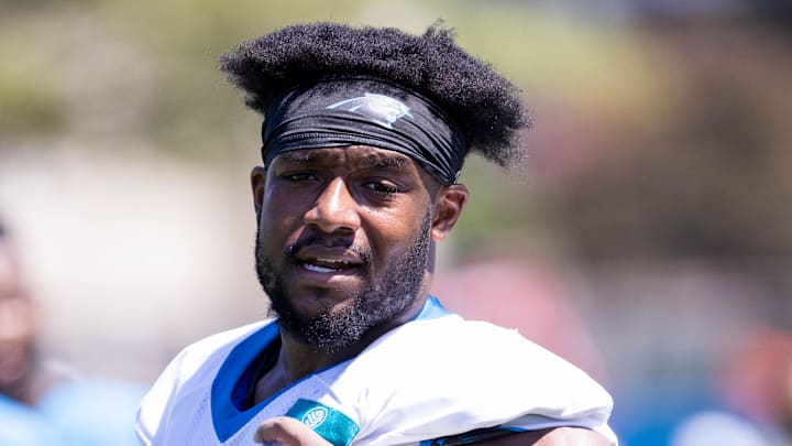 Former Carolina Panthers linebacker D.J. Wonnum (98) walks off after practice during training camp