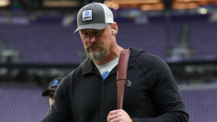 Detroit Lions head coach Dan Campbell arrives before the game against the Minnesota Vikings 