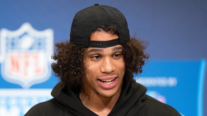 Feb 27, 2026; Indianapolis, IN, USA; Arizona State wideout Jordyn Tyson (WO40) speaks to members of the media during the NFL Combine at the Indiana Convention Center. Mandatory Credit: Jacob Musselman-Imagn Images