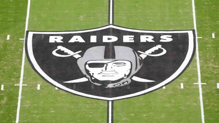 Jan 4, 2026; Paradise, Nevada, USA; The Las Vegas Raiders shield logo at midfield at Allegiant Stadium. Mandatory Credit: Kirby Lee-Imagn Images