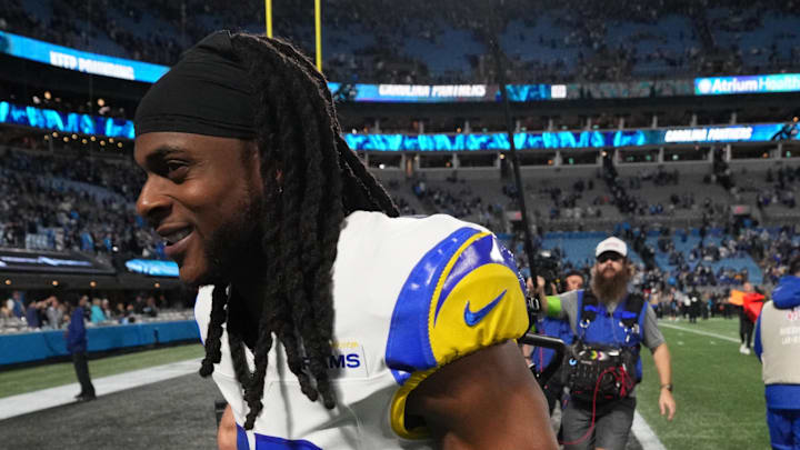 Jan 10, 2026; Charlotte, NC, USA; Los Angeles Rams wide receiver Davante Adams (17) runs off the field after the NFC Wild Card Round game at Bank of America Stadium. Mandatory Credit: Bob Donnan-Imagn Images