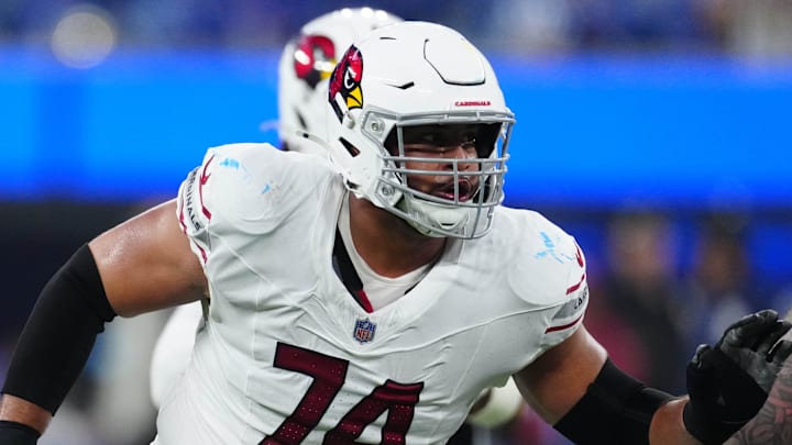Dec 28, 2024; Inglewood, California, USA; Arizona Cardinals guard Isaiah Adams (74) lines up against the Los Angeles Rams in the second half at SoFi Stadium. Mandatory Credit: Kirby Lee-Imagn Images