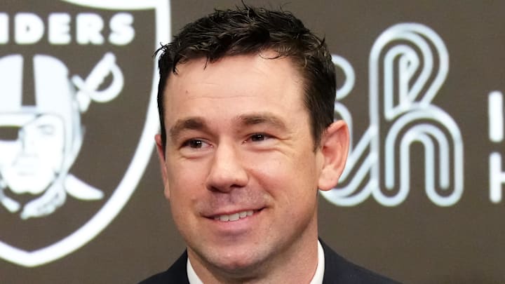 Feb 10, 2026; Henderson, NV, USA; Las Vegas Raiders coach Klint Kubiak speaks at introductory press conference at Intermountain Health Performance Center. Mandatory Credit: Kirby Lee-Imagn Images Feb 10, 2026; Henderson, NV, USA; Las Vegas Raiders coach Klint Kubiak speaks at introductory press conference at Intermountain Health Performance Center. Mandatory Credit: Kirby Lee-Imagn Images