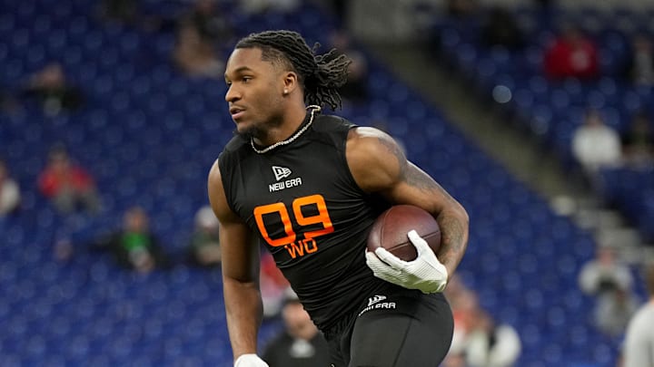 Mar 1, 2025; Indianapolis, IN, USA; Missouri wideout Luther Burden III (WO09) during the 2025 NFL Combine at Lucas Oil Stadium. Mandatory Credit: Kirby Lee-Imagn Images