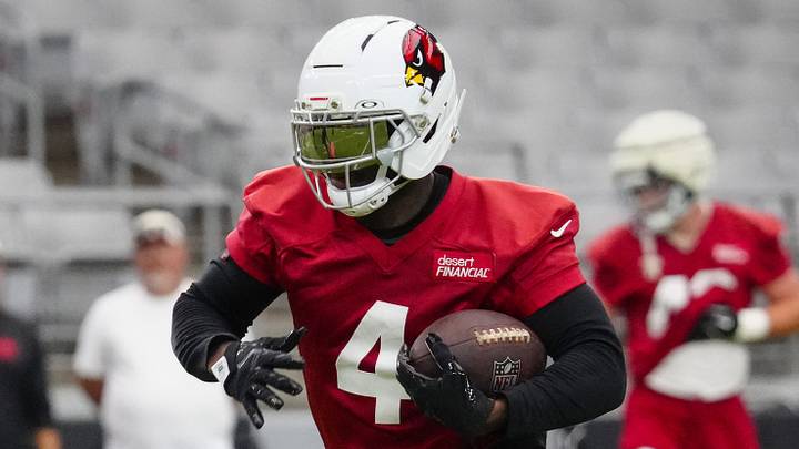 Cardinals running back Jeremiyah Love (4) sprints down the field during training camp at State Farm Stadium in Glendale on July 23, 2026. Cardinals running back Jeremiyah Love (4) sprints down the field during training camp at State Farm Stadium in Glendale on July 23, 2026.