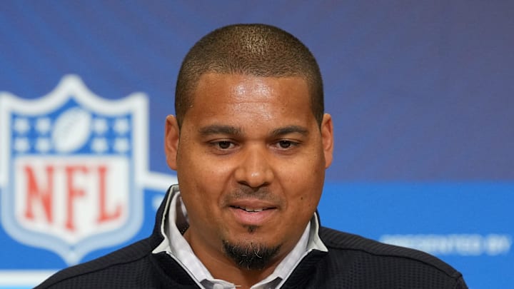 Feb 24, 2026; Indianapolis, IN, USA; Chicago Bears general manager Ryan Poles speaks at the NFL Scouting Combine at the Indiana Convention Center. Mandatory Credit: Kirby Lee-Imagn Images