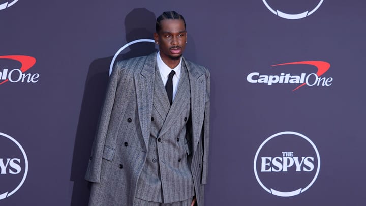 Jul 16, 2025; Hollywood, CA, USA; Shai Gilgeous-Alexander poses on the ESPYs red carpet at the Dolby Theatre. Mandatory Credit: Kirby Lee-Imagn Images