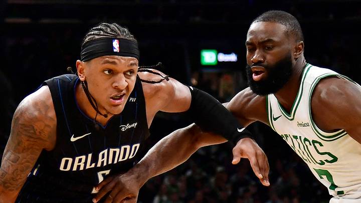Apr 20, 2025; Boston, Massachusetts, USA; Orlando Magic forward Paolo Banchero (5) controls the ball while Boston Celtics guard Jaylen Brown (7) defends during the first half at TD Garden. Mandatory Credit: Bob DeChiara-Imagn Images Apr 20, 2025; Boston, Massachusetts, USA; Orlando Magic forward Paolo Banchero (5) controls the ball while Boston Celtics guard Jaylen Brown (7) defends during the first half at TD Garden. Mandatory Credit: Bob DeChiara-Imagn Images