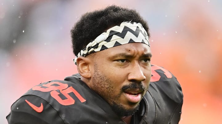 Cleveland Browns defensive end Myles Garrett runs off the field before the game between the Browns and the Miami Dolphins.