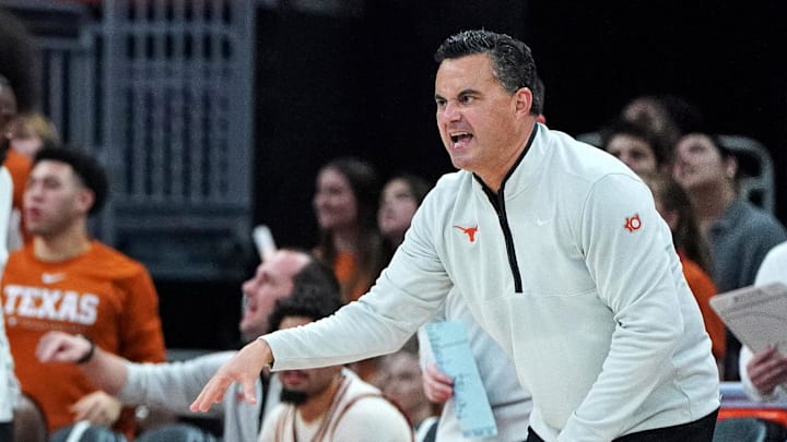 Texas Longhorns head coach Sean Miller reacts to the referee during the second half against the Rider Broncs at Moody Center.