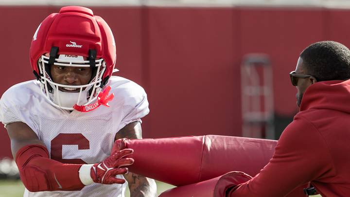 Arkansas Razorbacks wide receiver Chris Marshall (6) tries to get around the pads to get open during spring practice at the Arkansas Razorbacks practice facilities. Arkansas Razorbacks wide receiver Chris Marshall (6) tries to get around the pads to get open during spring practice at the Arkansas Razorbacks practice facilities.