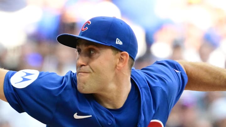 Oct 4, 2025; Milwaukee, Wisconsin, USA; Chicago Cubs starting pitcher Matthew Boyd (16) pitches against the Milwaukee Brewers during the first inning of game one of the NLDS round for the 2025 MLB playoffs at American Family Field. Oct 4, 2025; Milwaukee, Wisconsin, USA; Chicago Cubs starting pitcher Matthew Boyd (16) pitches against the Milwaukee Brewers during the first inning of game one of the NLDS round for the 2025 MLB playoffs at American Family Field.